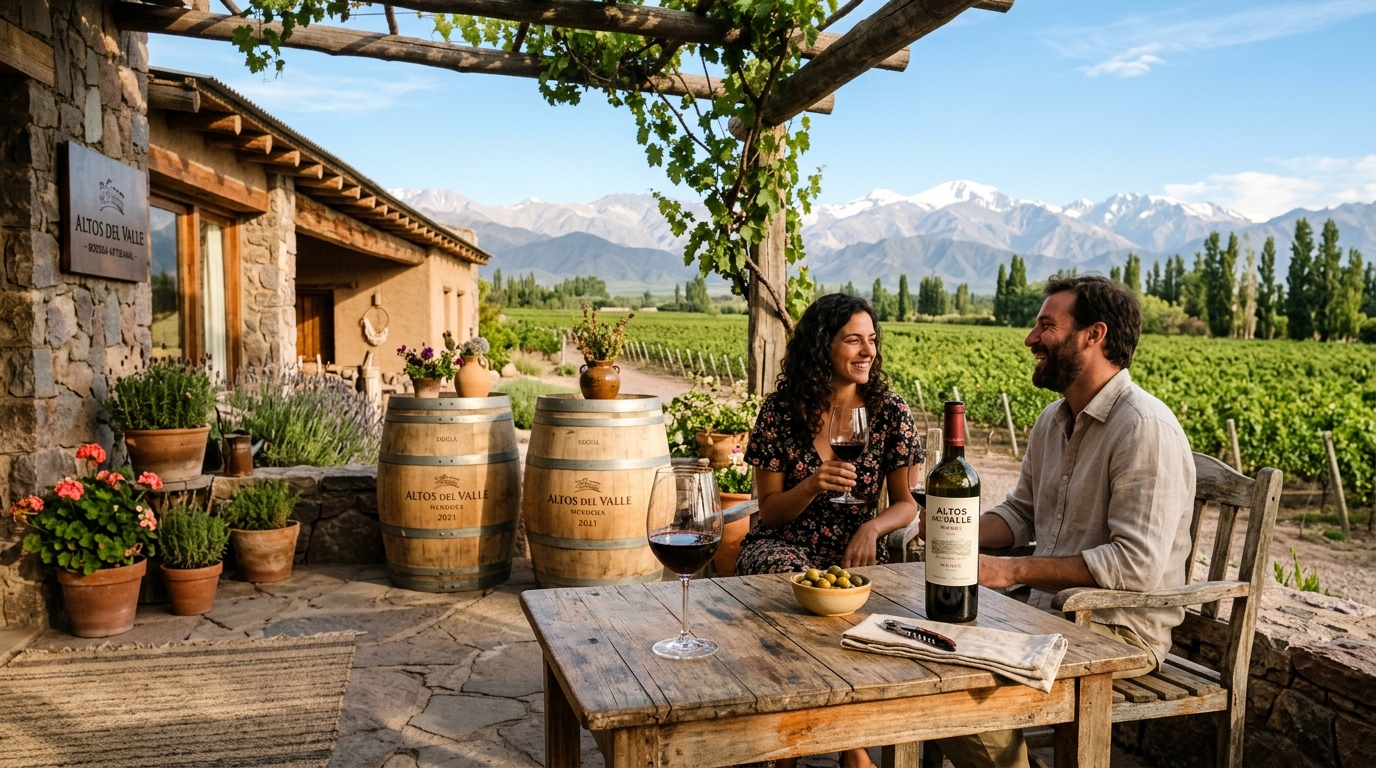 Artisanal boutique winery terrace and tasting overlooking vineyards in Mendoza