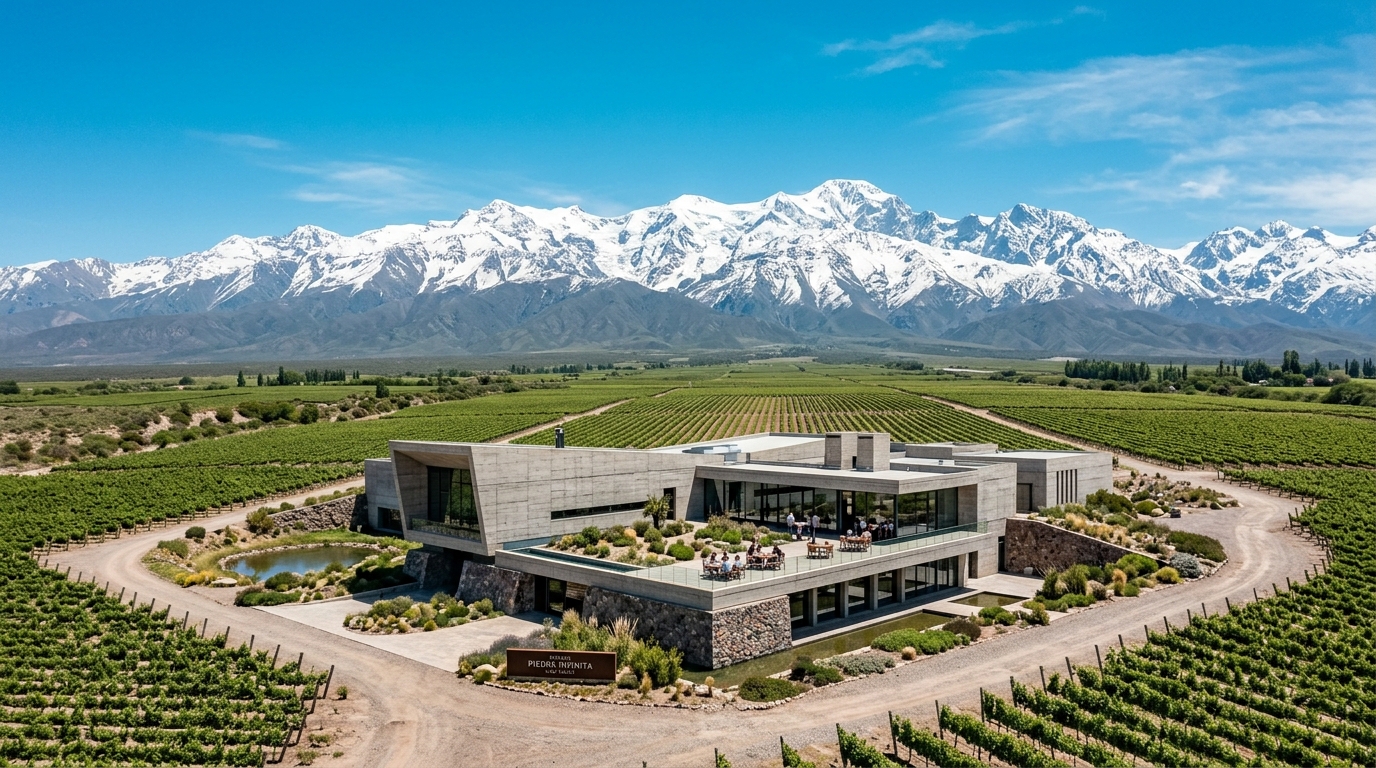 Zuccardi Piedra Infinita winery and snow-capped Andes mountains in Uco Valley