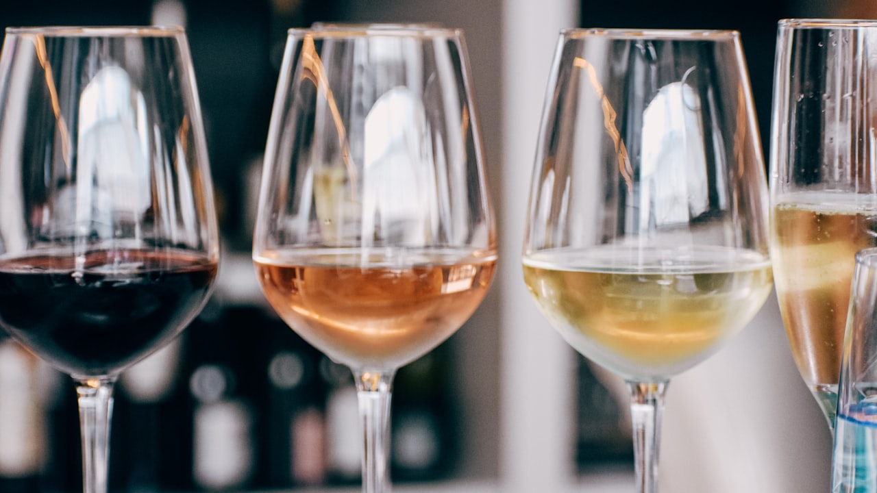 Wine glasses set out for tasting at a trade exhibition