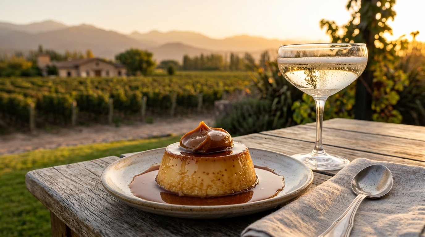 Argentine flan with dulce de leche and a coupe glass of sparkling wine