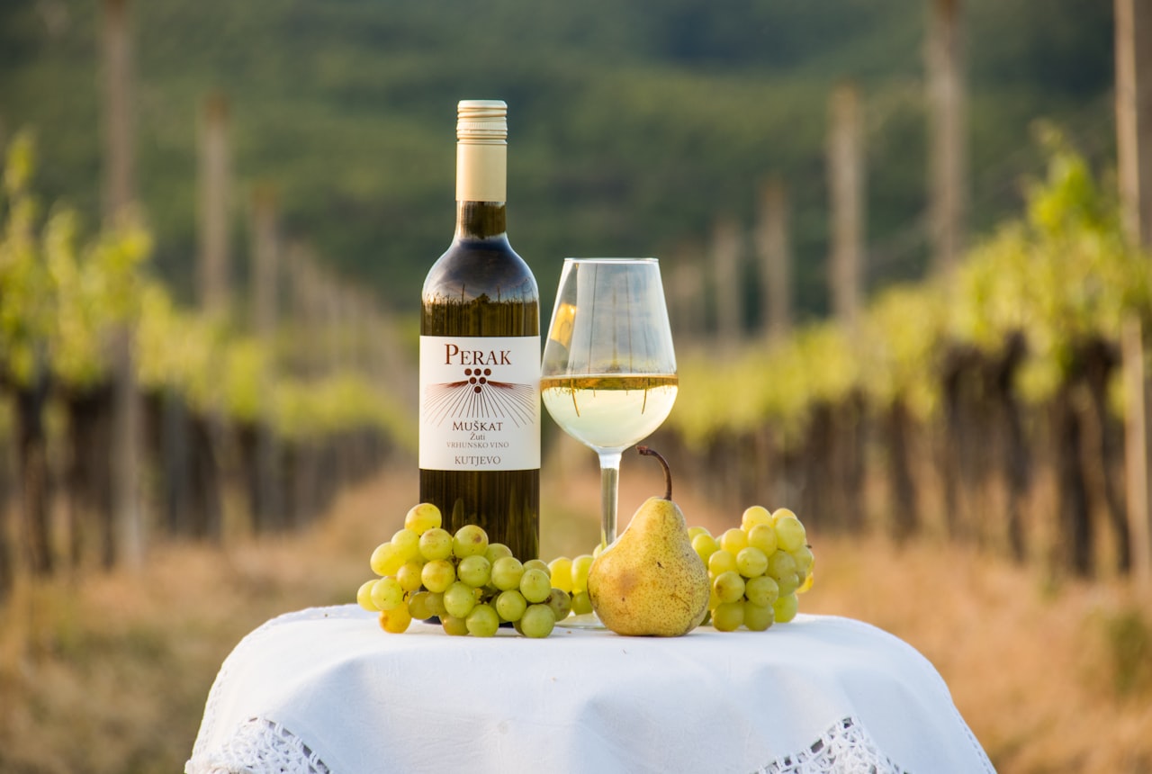 A glass of Argentine Chardonnay with vineyard behind