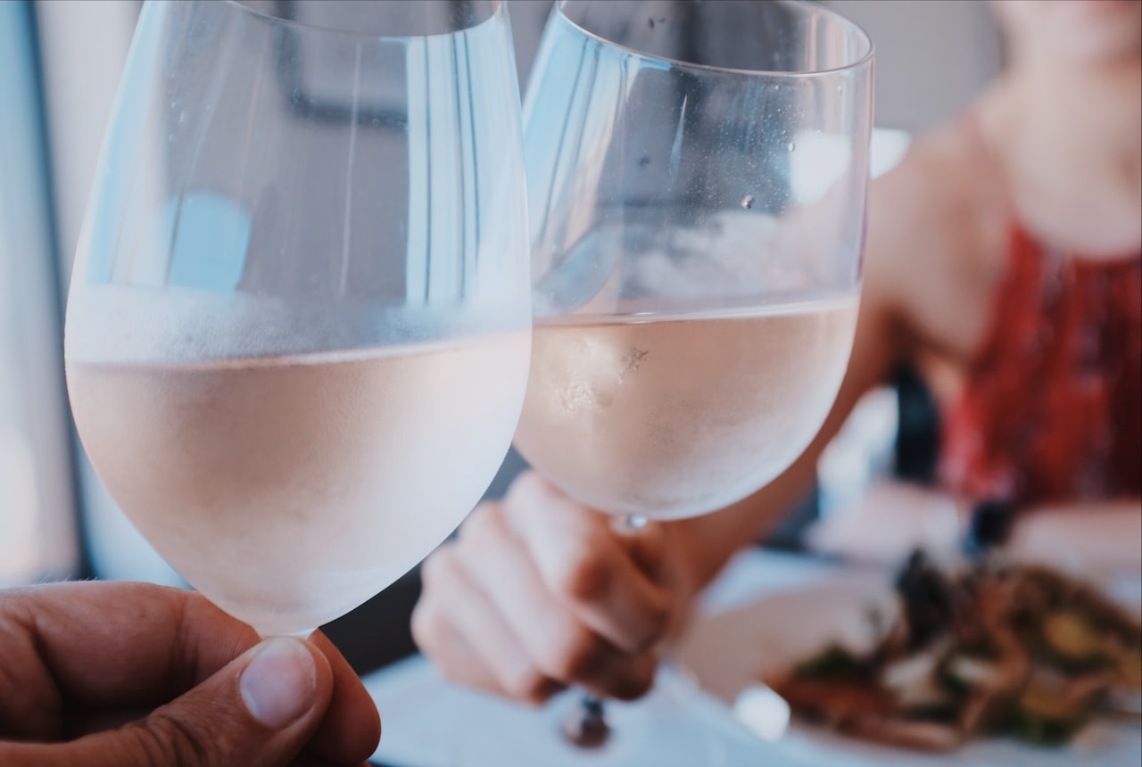 A chilled glass of white wine with condensation