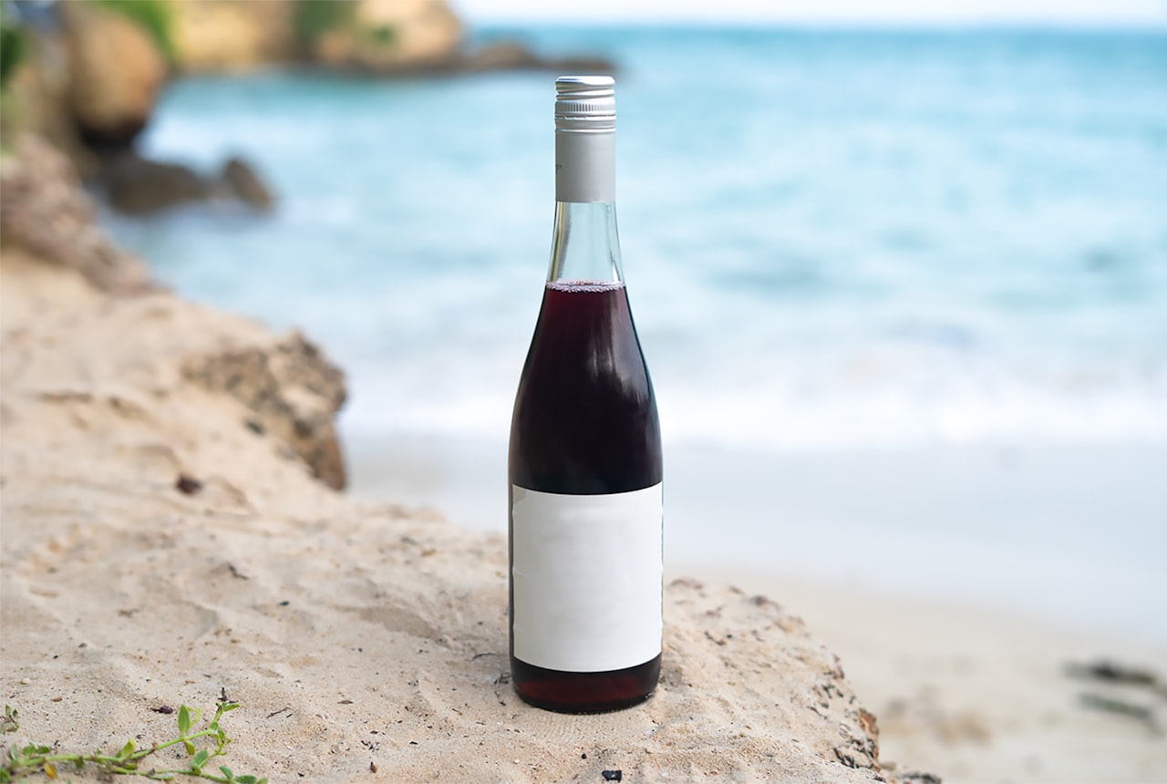 A single Burgundy-shaped bottle with sloping shoulders, label showing Pinot Noir, deep ruby light