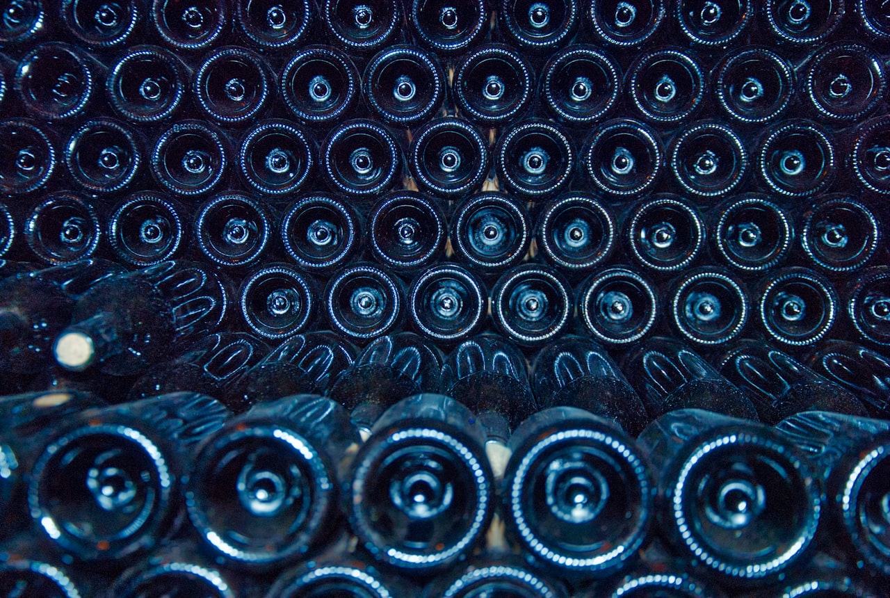 A bottling line in a modern Argentine winery with bottles moving along the conveyor