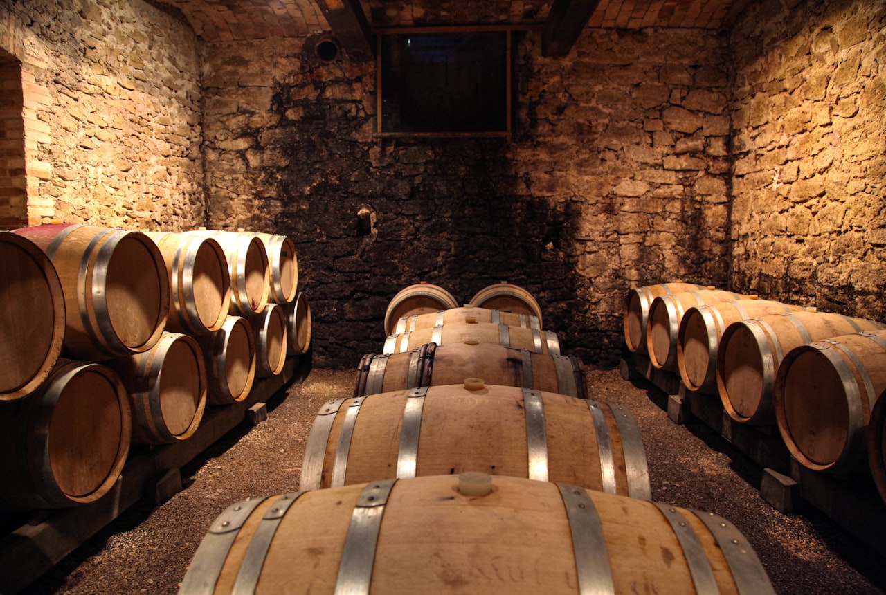 A long cellar of stacked oak barrels in warm light