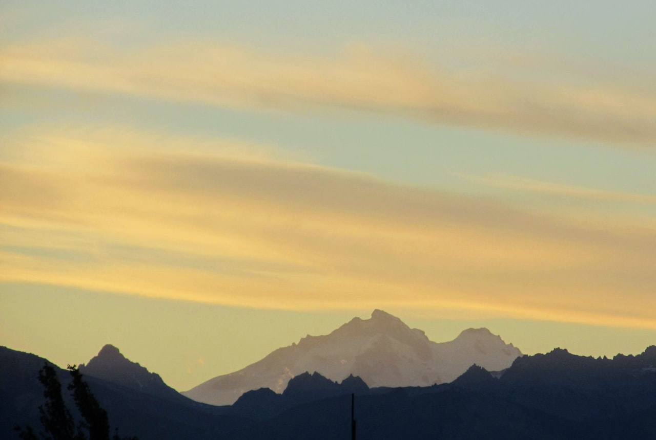 Vineyard rows at sunset with the Andes glowing behind them