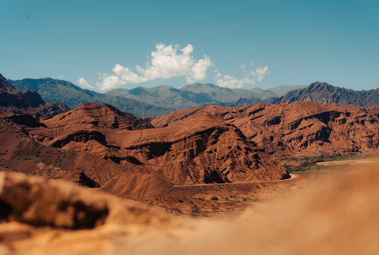 Rust-coloured desert rock and high-altitude vineyards in northern Argentina
