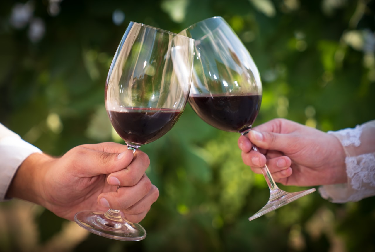 Grilled red meat with a glass of red wine on a wooden table