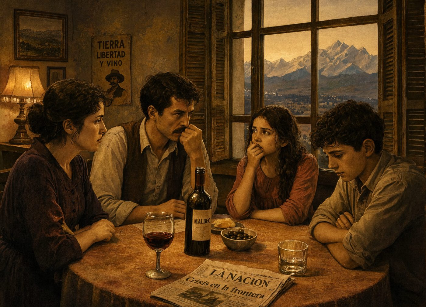 A tense family scene indoors as shutters rattle in the wind
